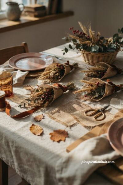 Fall crafts for adults with burlap bouquet favors and dried wheat stems