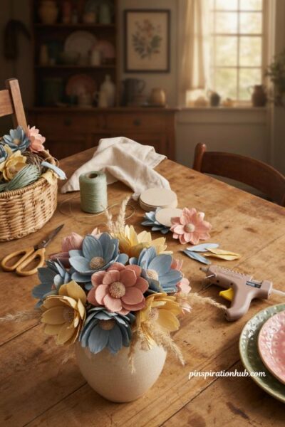 Fall crafts for adults with colorful cornhusk flowers in blue blush and yellow