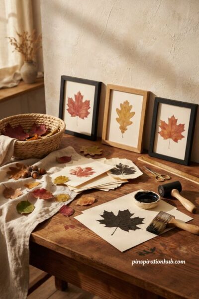Fall crafts for adults with leaf ink prints and framed autumn botanical art