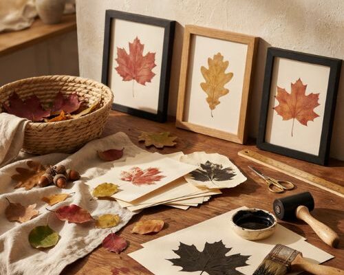 Fall crafts for adults with leaf ink prints and framed autumn botanical art