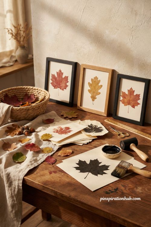 Fall crafts for adults with leaf ink prints and framed autumn botanical art