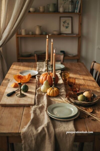 Fall crafts for adults with mini pumpkin candleholders and autumn table decor