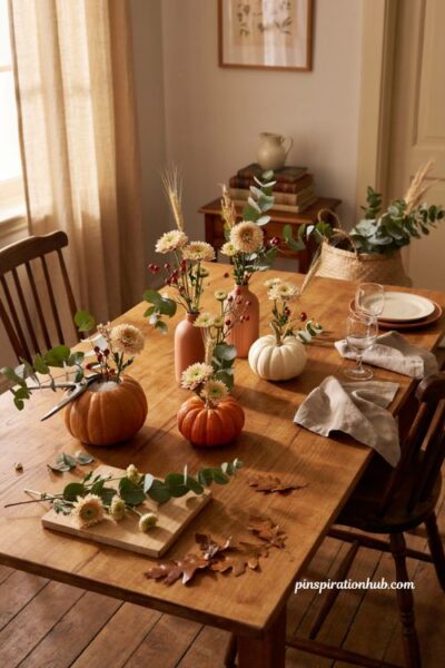 Fall crafts for adults with mini pumpkin flower vases and autumn flowers