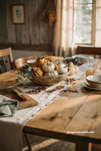 Fall crafts for adults with stained dried gourds and a rustic dough bowl centerpiece