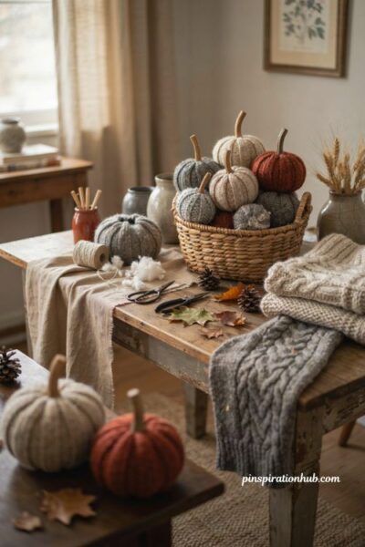 Fall crafts for adults with upcycled sweater pumpkins and cozy cable knit texture