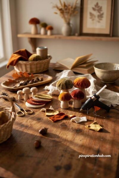 Fall crafts for adults with velvet fabric mushrooms in rust olive and cream