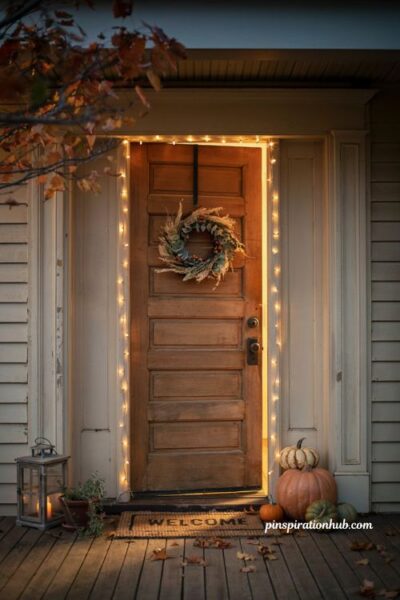 Fall doorway lighting with warm white lights and cozy autumn porch decor