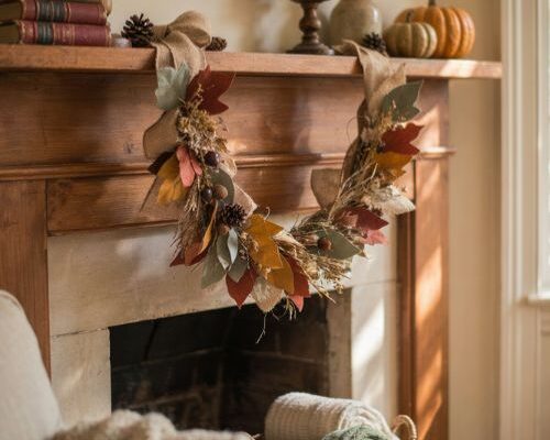 Fall garland DIY with rustic burlap felt leaves and cozy autumn mantel decor