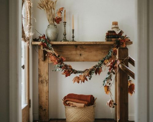 Fall garland diy ideas with maple leaves and cozy mantel decor