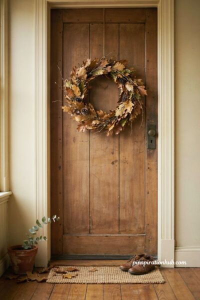 Fall outdoor decor with a foraged leaf wreath on a rustic front door