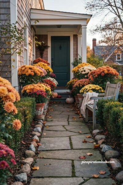 Fall outdoor decor with colorful chrysanthemums along a cozy front walkway