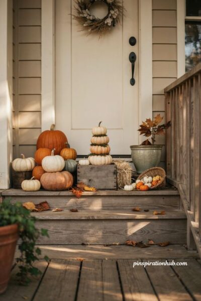 Fall outdoor decor with colorful pumpkin display on front porch steps