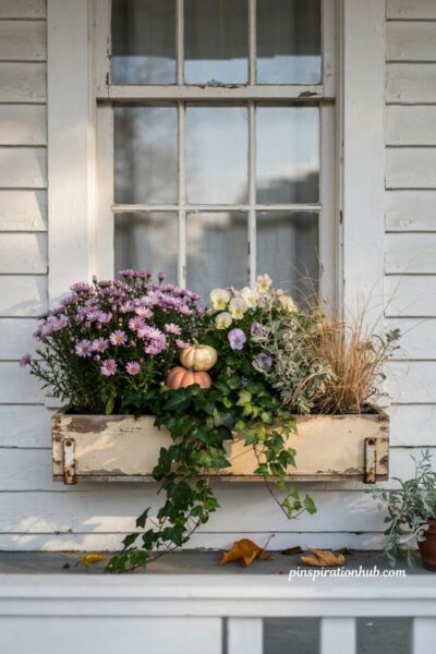 Fall outdoor decor with colorful window box flowers and trailing ivy