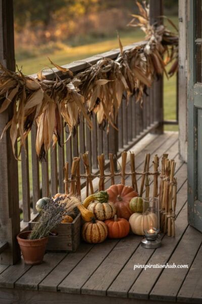 Fall outdoor decor with corn stalk garlands rustic porch and pumpkin fence