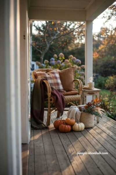 Fall outdoor decor with cozy plaid pillows and blankets on porch seating