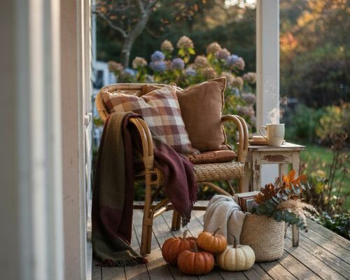 Fall outdoor decor with cozy plaid pillows and blankets on porch seating