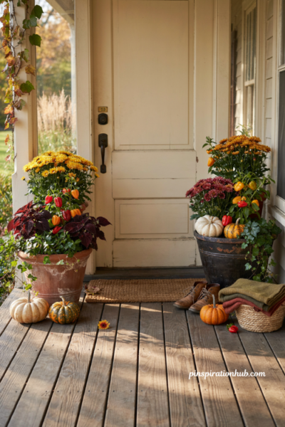 Fall outdoor decor with cozy porch planters and autumn flowers