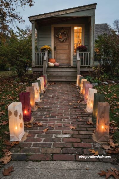 Fall outdoor decor with glowing luminaries along a front walkway