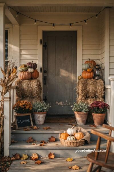 Fall outdoor decor with hay bales pumpkins and mums on a farmhouse porch