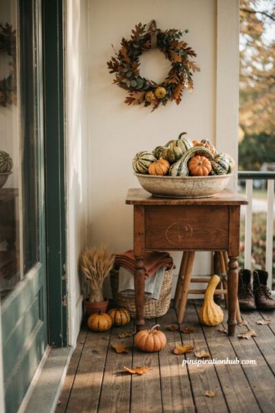 Fall outdoor decor with ornamental gourds and pumpkins on a rustic porch