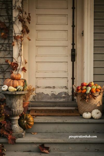 Fall outdoor decor with overflowing baskets urns and pumpkins