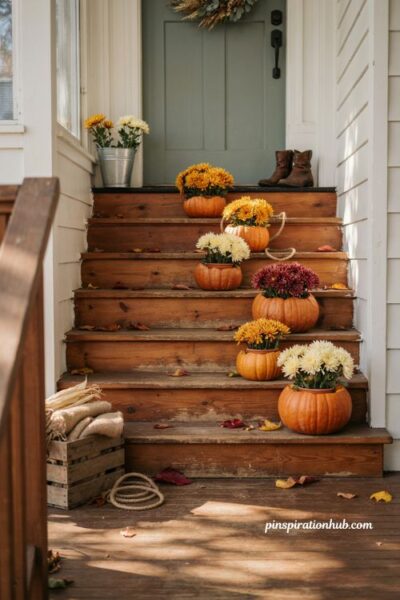 Fall outdoor decor with pumpkin mumkin planters and colorful mums
