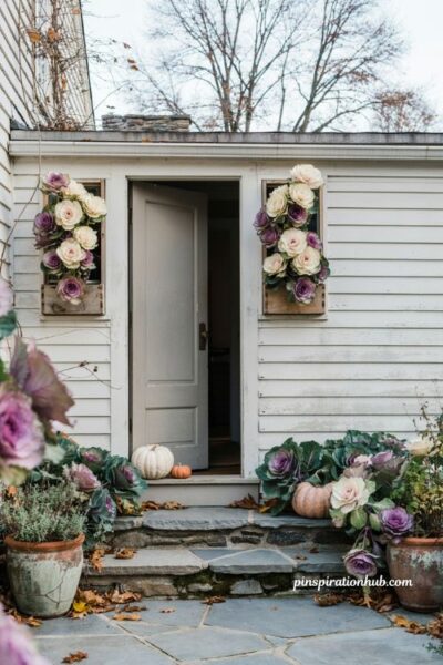 Fall outdoor decor with pumpkin mumkin planters and colorful mums