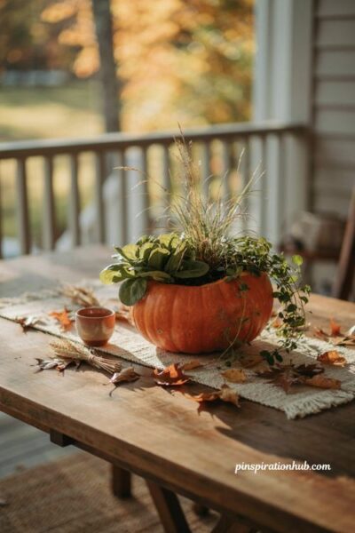 Fall outdoor decor with pumpkin planter and trailing autumn greenery