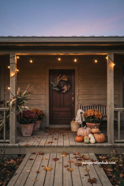 Fall outdoor decor with warm white string lights on a cozy porch