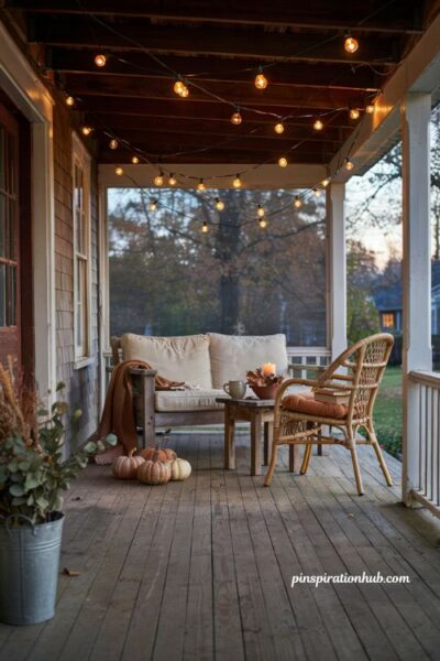 Fall porch ceiling string lights with warm glowing bulbs and cozy seating area
