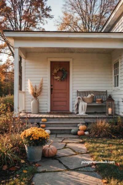 Fall porch decor extending into the yard with pumpkins and mums