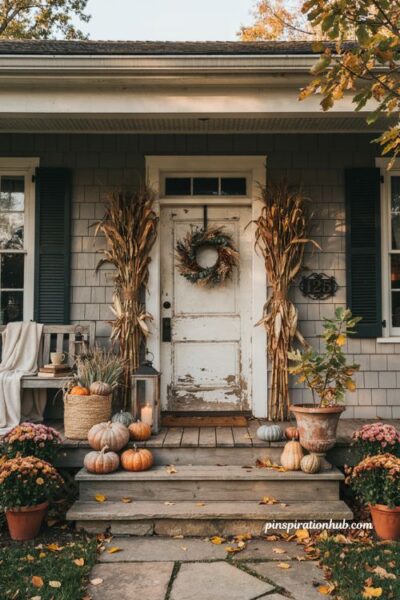 Fall porch decor with corn stalks dried grasses and natural fillers