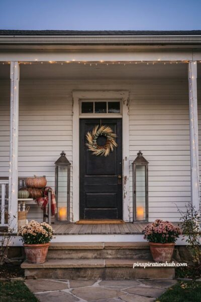 Fall porch lanterns with warm candlelight and cozy evening decor