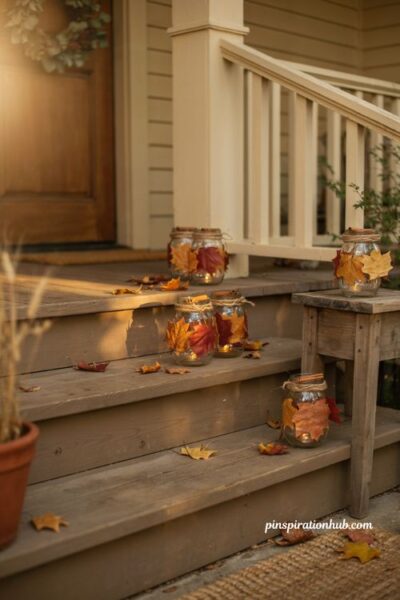 Fall porch lighting with maple leaf mason jar lanterns
