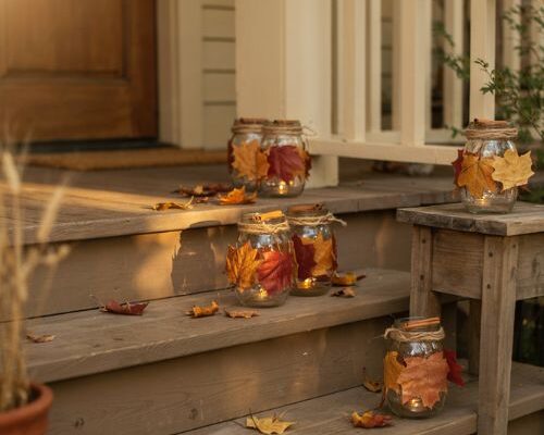 Fall porch lighting with maple leaf mason jar lanterns