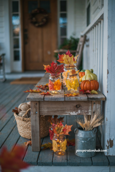 Fall porch lighting with maple leaf mason jar lanterns and warm autumn glow