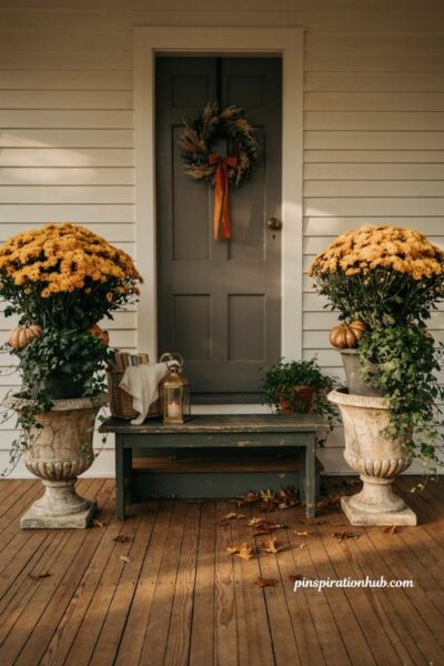 Fall porch planters with mums ivy and pumpkins by the front door