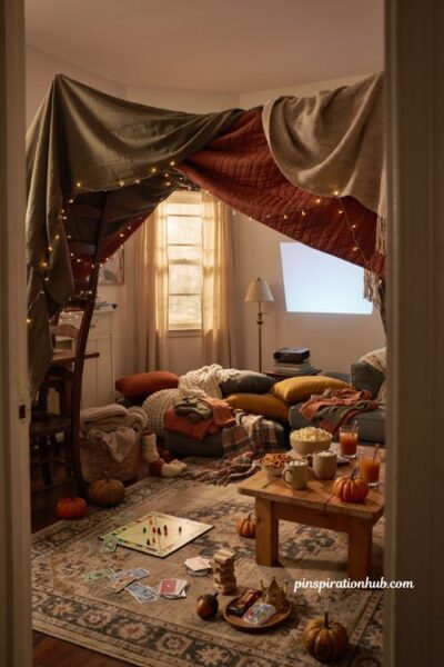 Fall sleepover ideas with a cozy blanket fort movie night