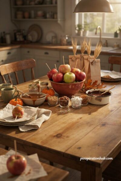 Fall sleepover ideas with a cozy caramel apple decorating station