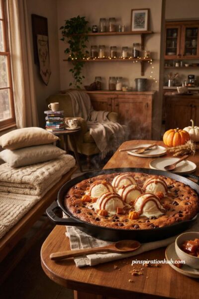 Fall sleepover ideas with a cozy giant skillet cookie and vanilla ice cream