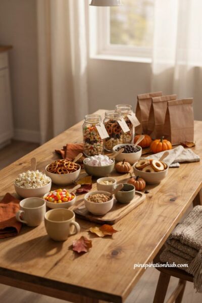 Fall sleepover ideas with a cozy trail mix snack bar and take home favors
