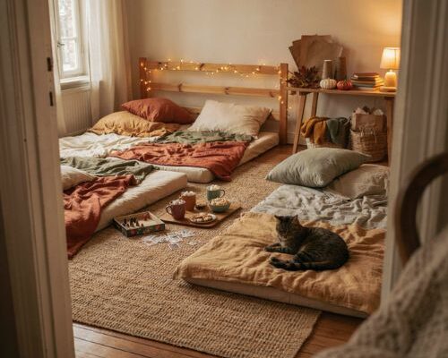 Fall sleepover ideas with cozy bedding hot chocolate snacks and autumn decor