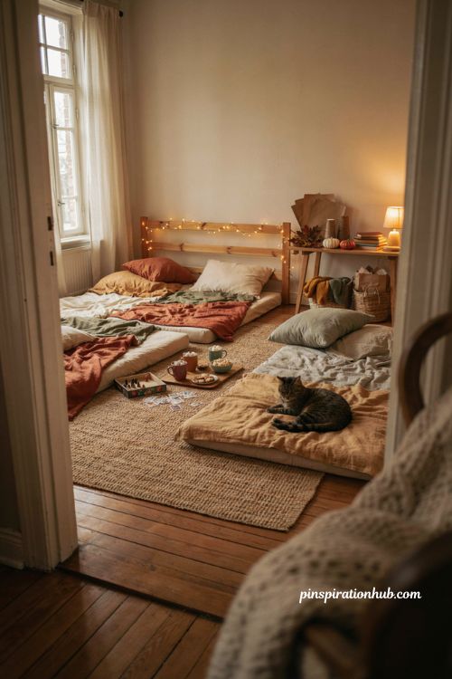Fall sleepover ideas with cozy bedding hot chocolate snacks and autumn decor