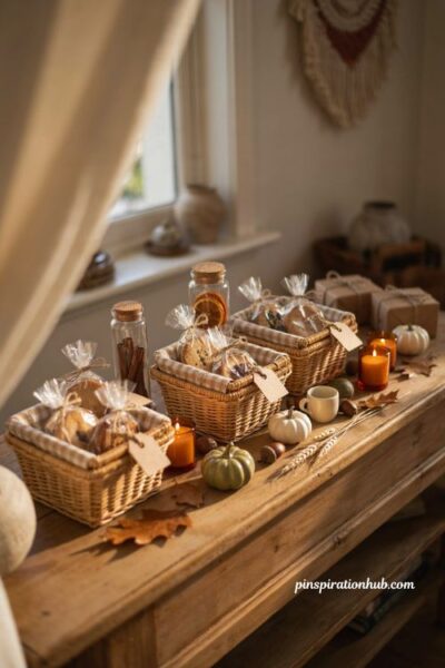 Fall sleepover ideas with cozy picnic basket party favor boxes