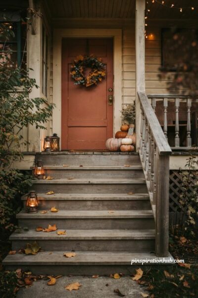 Fall stair lighting ideas with glowing steps lanterns and cozy autumn porch