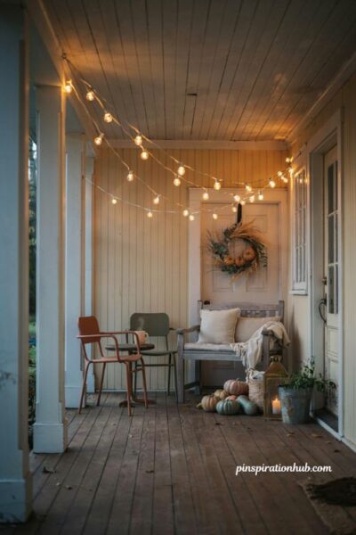 Fall string lights with acorn leaf and pumpkin shapes on a cozy porch