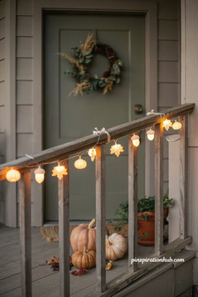 Fall string lights with acorn leaf and pumpkin shapes on a cozy porch
