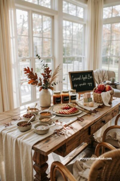 Fall sunroom baby shower caramel apple bar with sliced apples caramel and toppings