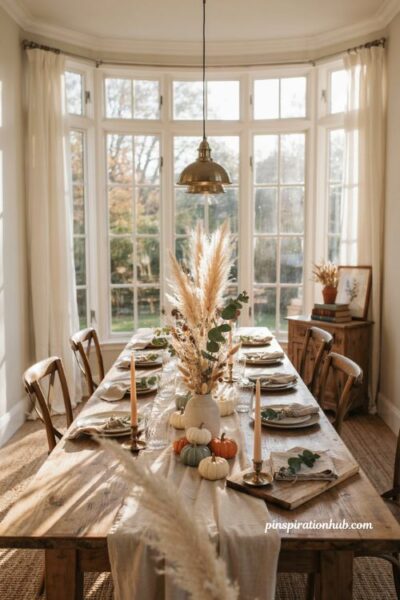 Fall sunroom baby shower centerpiece with dried florals pampas grass eucalyptus and pumpkins