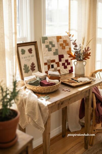 Fall sunroom baby shower guest book with fabric squares leaf cutouts and keepsake decor